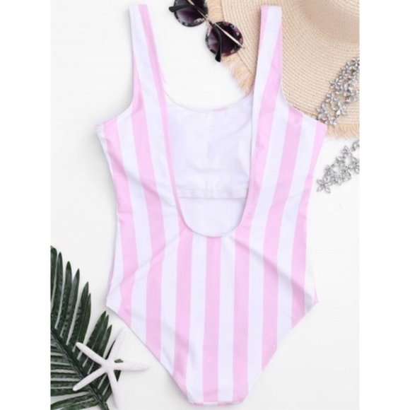 Zaful Pink Stripe Low Back One Piece Swimsuit - Picture 2 of 9